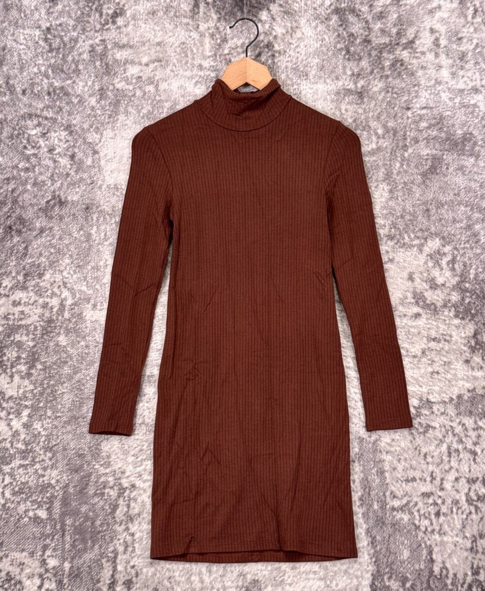 Enza Costa Ribbed Knit Dress Small Womens Mock Neck Long Sleeve Brown